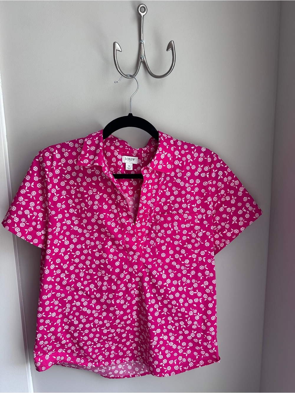 J. Crew Hot Pink Short-Sleeve Button Down Shirt with White Floral Print